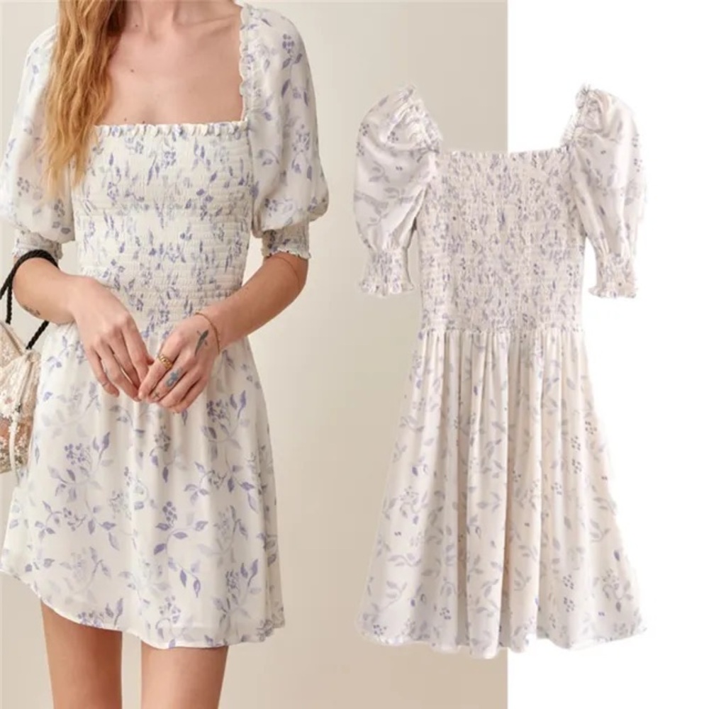 Reformation Elle Dress Laurel Ivory Blue Floral Print Smocked Size 8